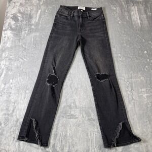 Frame Denim Size 25 Le High Straight Jeans Washed Black Distressed Frayed Hem